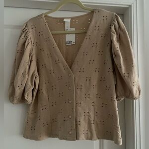 H&M Beige Puff Sleeve Eyelet Blouse